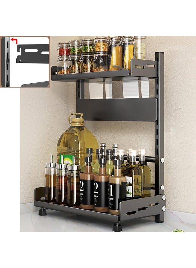 Spice Rack Kitchen Shelf Organizer Countertop 2 Tier Large Standing Seasoning Rack for Storage Spice Kitchen Spice Organizer Spice Holder 2 Tier Adjustable Black.